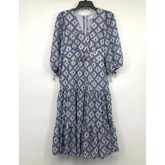 Calvin Klein Dress Blue Floral Tiered Midi Tie 3/4 Sleeve V Neck - Picture 3 of 14